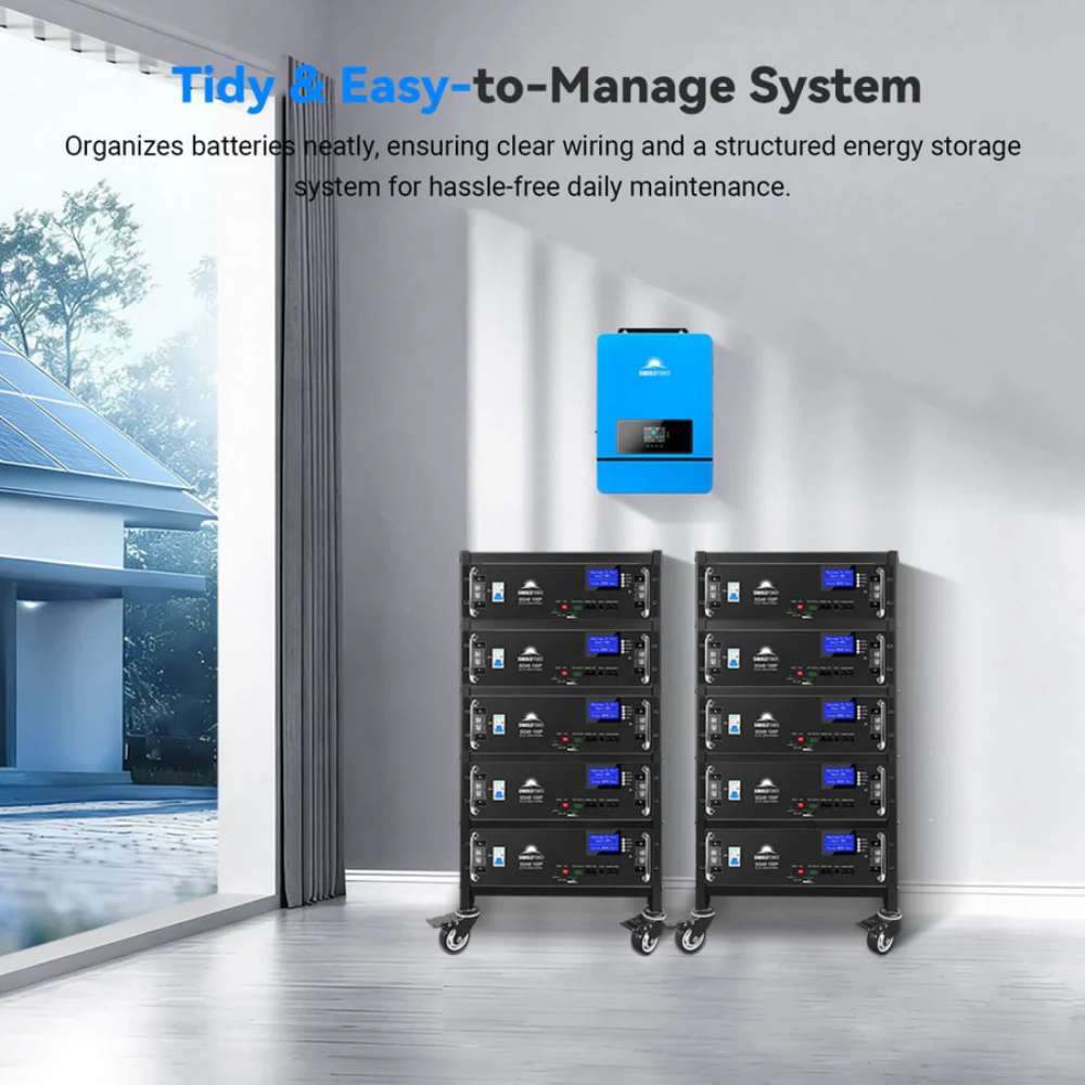 Home energy storage system using Sun Gold Power 5-Layer Battery Rack to organize battery modules