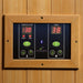 Horizontal LED control panel with two red digital displays mounted on the cedar wall of Golden Designs Dynamic Gracia 1-2 Person Low EMF Far Infrared Sauna