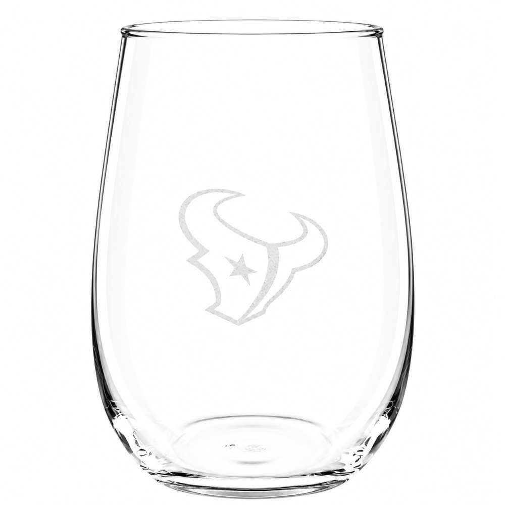 Houston Texans Crate & Barrel NFL Aspen 17oz Stemless Wine Glass, Set of 4 features a clear stemless glass etched with the Texans bull-head logo and star