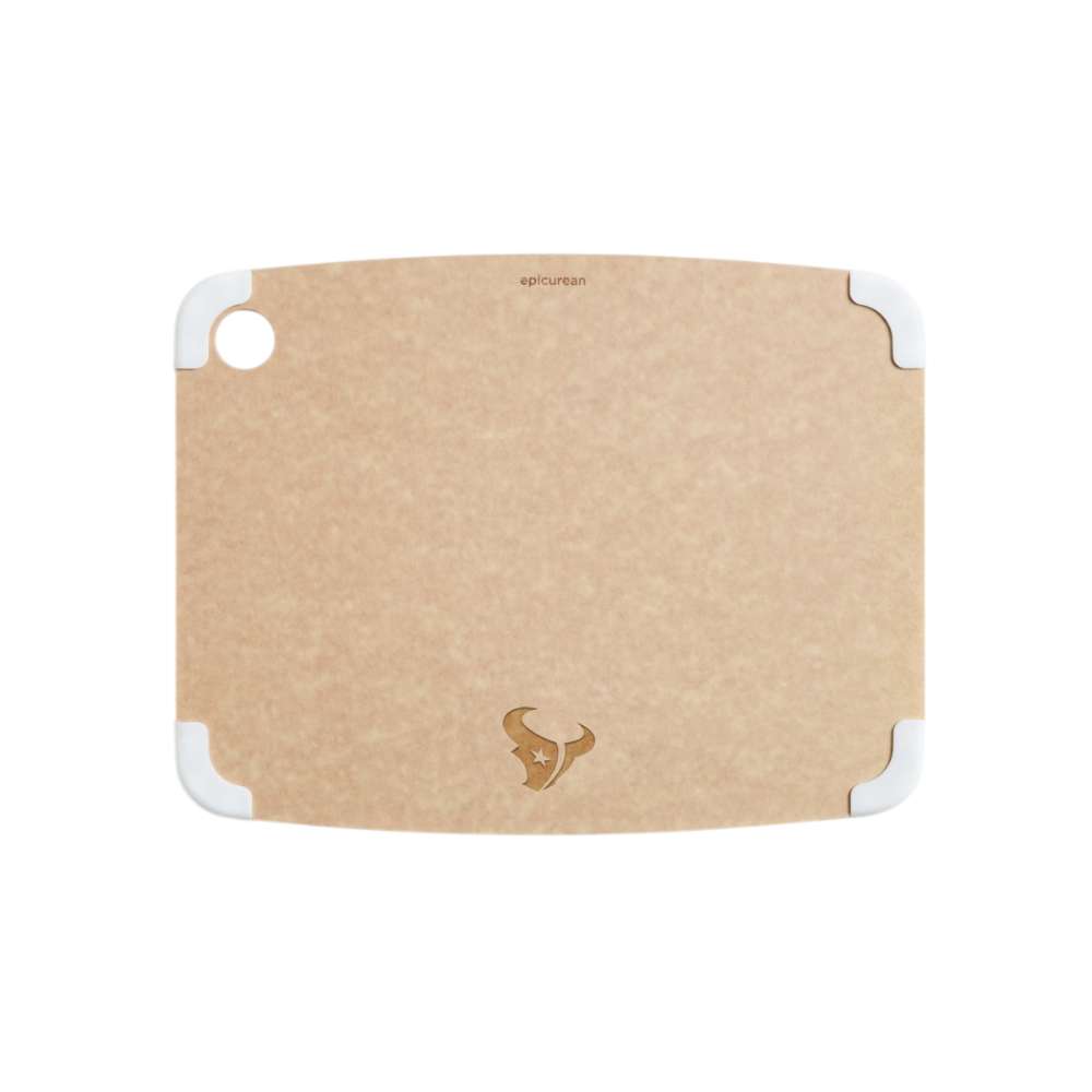 Houston Texans Crate & Barrel NFL Organic Cotton Oven Mitt with Silicone Grip features a natural tan surface, white corner grips, and an engraved Texans bull-head logo
