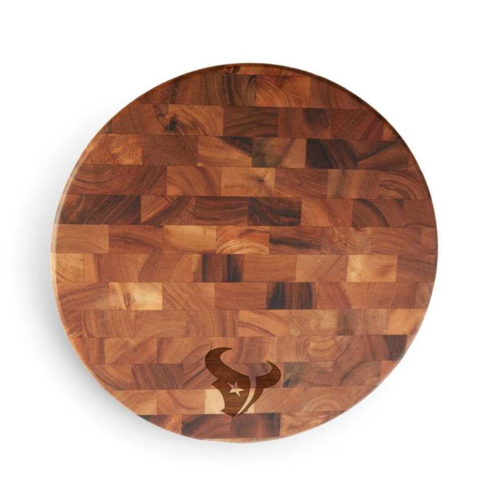 Houston Texans Crate & Barrel NFL Round End Grain Cutting Board features a round wood-block design with the Texans logo near the bottom