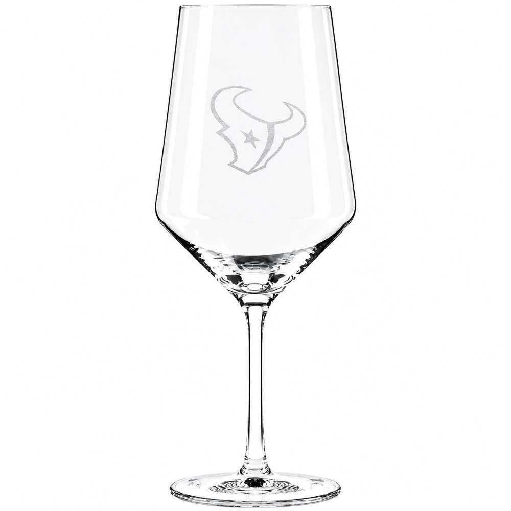 Houston Texans Crate & Barrel NFL Tour 18oz Red Wine Glass, Set of 4 featuring the Texans bull-head logo with a star etched on a clear stemmed wine glass