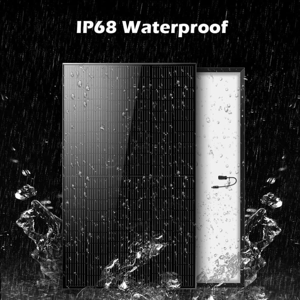 IP68 waterproof protection is demonstrated as Sun Gold Power 370W Mono Black PERC Solar Panel withstands heavy rain