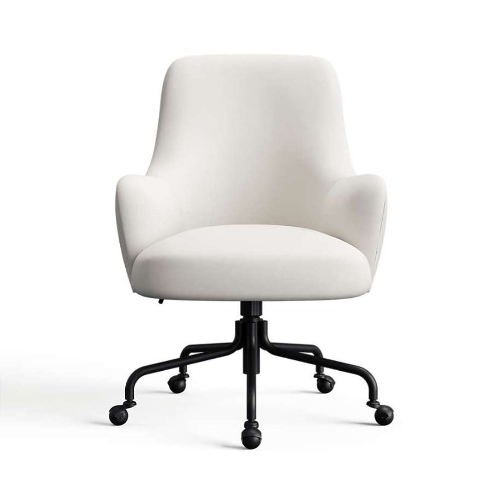 Ice Covet Velvet Crate & Barrel Bellevue Upholstered Office Chair in soft ice velvet with rounded arms and a black rolling caster base