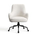 Ice Covet Velvet Crate & Barrel Bellevue Upholstered Office Chair in soft ice velvet with rounded arms and a black rolling caster base