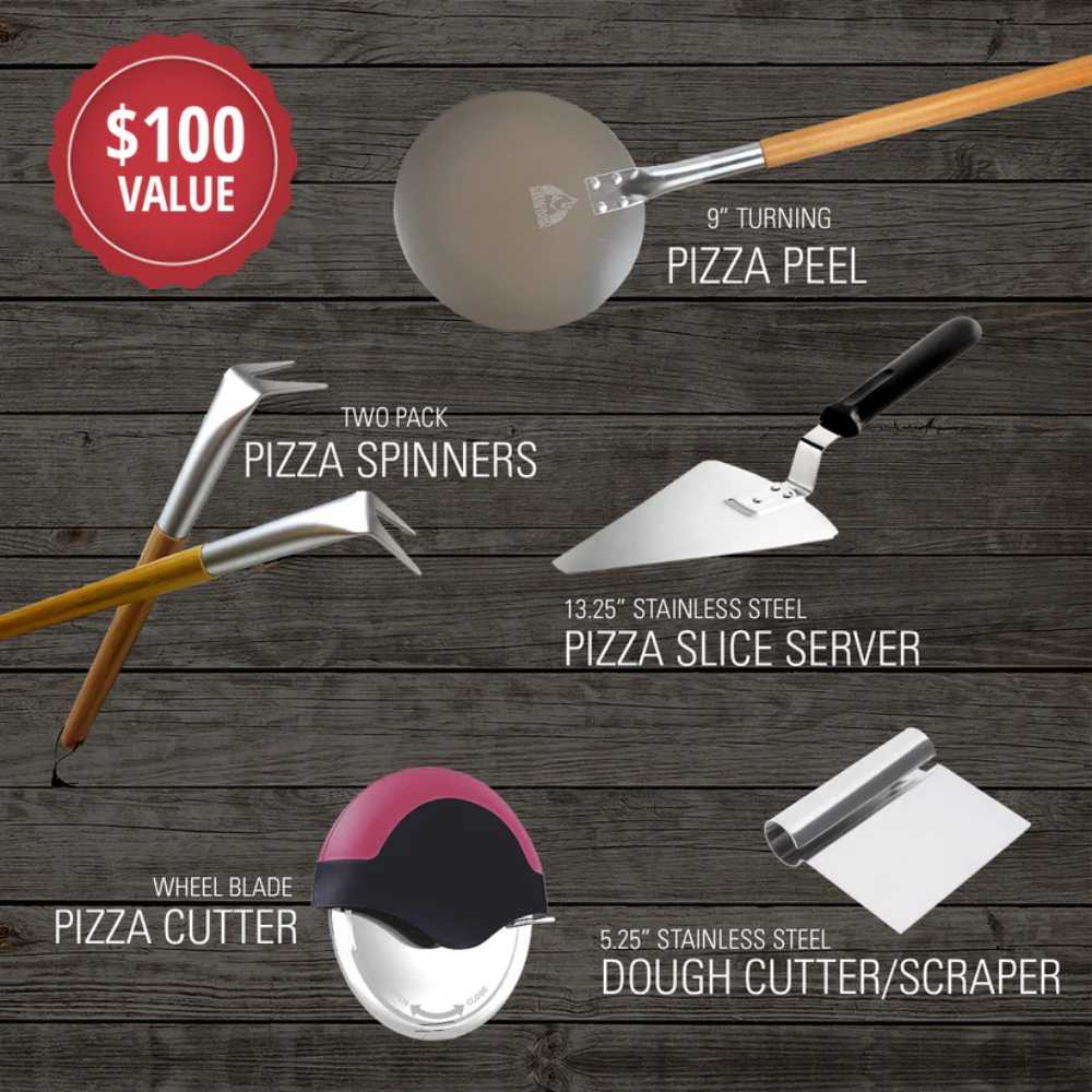 Image featuring a 9 turning pizza peel, pizza spinners, a stainless steel pizza slice server, a pizza cutter, and a dough cutterscraper, all included in the Chicago Brick Oven