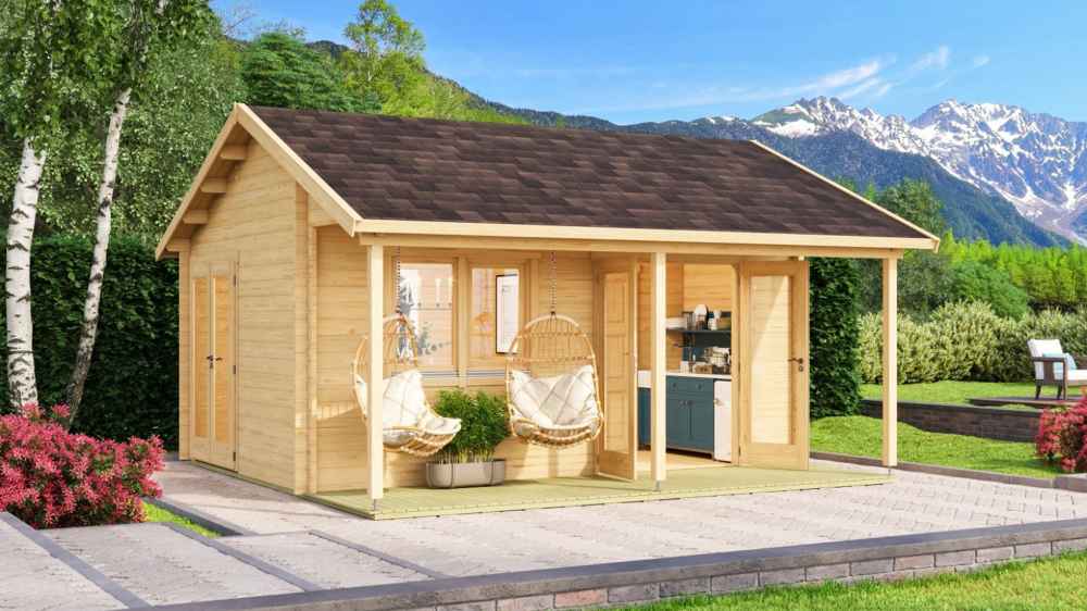 In daylight, the GardenHouse24 USA Lerum 70 Garden Room stands in a landscaped yard with a mountain backdrop and two hanging chairs on the front porch