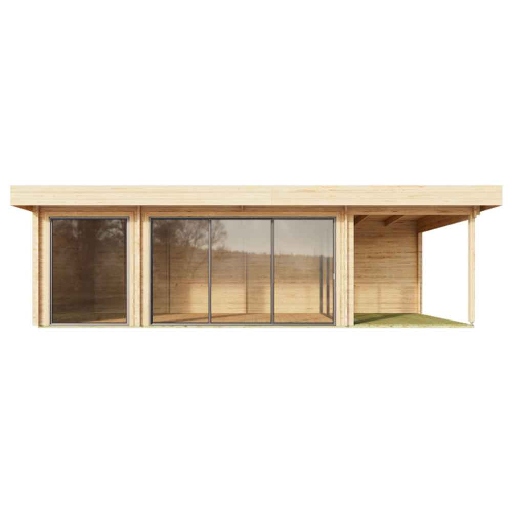 In this frontal view, the GardenHouse24 USA ALU Concept 44O Garden Room showcases its full-length glass façade with a right-hand covered patio space