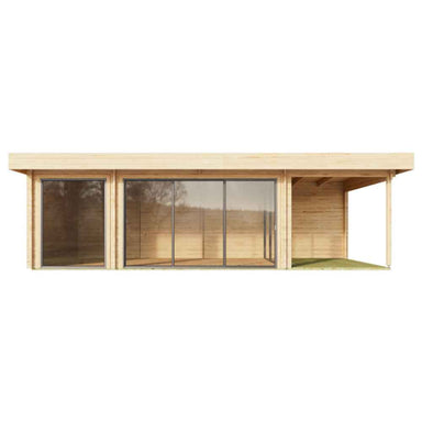 In this frontal view, the GardenHouse24 USA ALU Concept 44O Garden Room showcases its full-length glass façade with a right-hand covered patio space