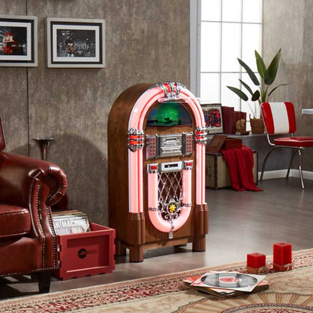 In a stylish living room setting, the Arkrocket Taurus II Jukebox with Stand - Maple 2024 New Upgrade adds a nostalgic touch blending modern and vintage decor