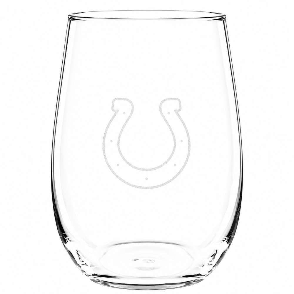 Indianapolis Colts Crate & Barrel NFL Aspen 17oz Stemless Wine Glass, Set of 4 features a clear stemless glass etched with the Colts horseshoe logo