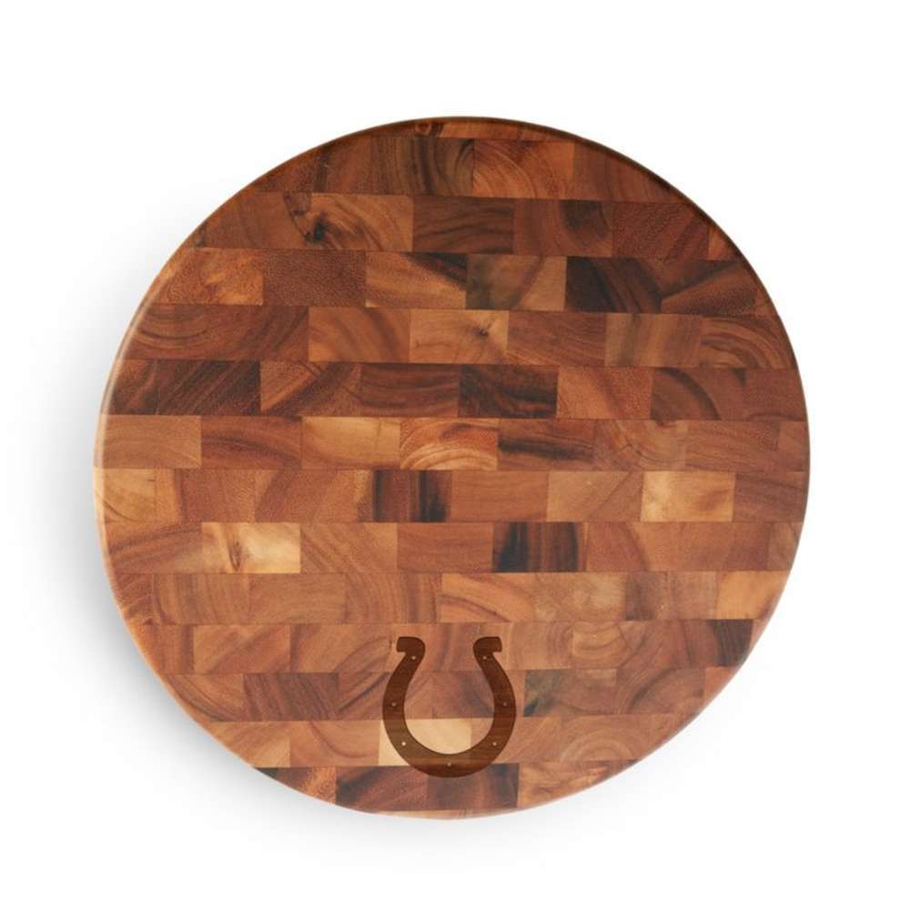 Indianapolis Colts Crate & Barrel NFL Round End Grain Cutting Board features a round wood-block design with the Colts horseshoe logo near the bottom
