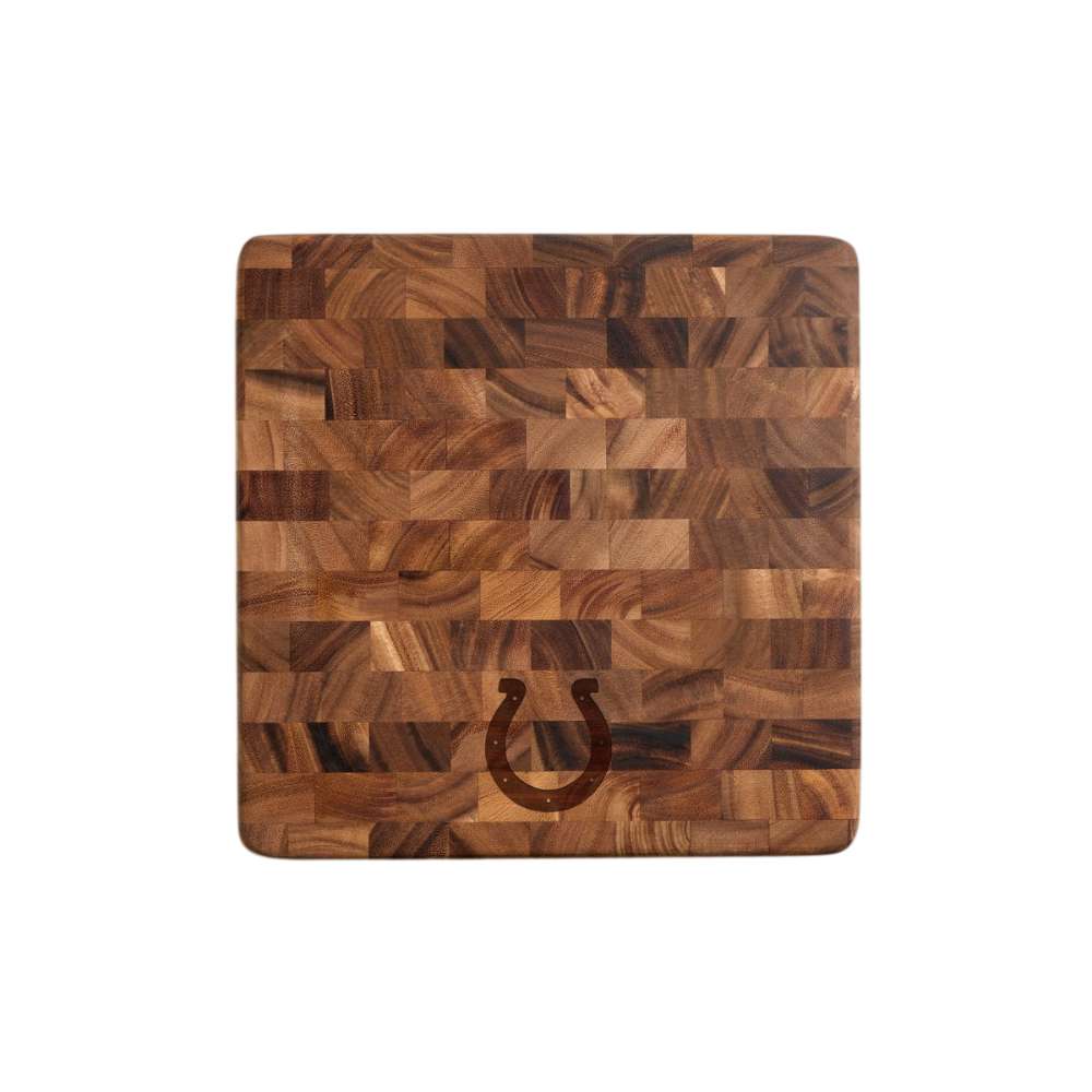Indianapolis Colts Crate & Barrel NFL Square End Grain Cutting Board features a square wood-block surface with the Colts horseshoe logo engraved near the bottom
