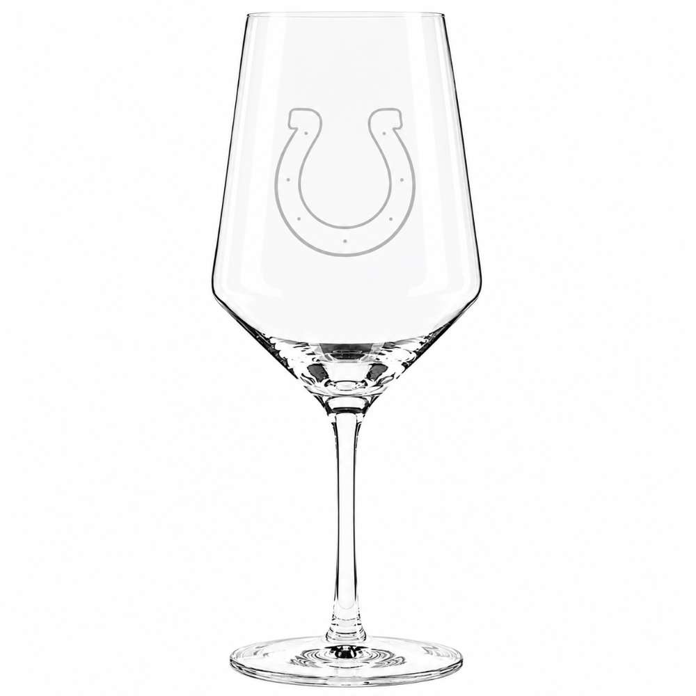 Indianapolis Colts Crate & Barrel NFL Tour 18oz Red Wine Glass, Set of 4 featuring the Colts horseshoe logo etched on a clear stemmed wine glass