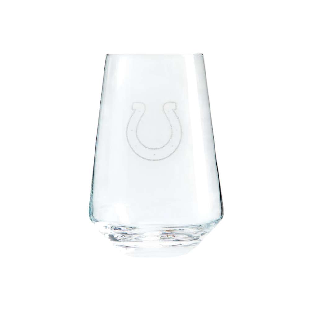 Indianapolis Colts Crate & Barrel NFL Tour 19oz Stemless Wine Glass, Set of 4 featuring the Colts horseshoe logo etched on clear glass