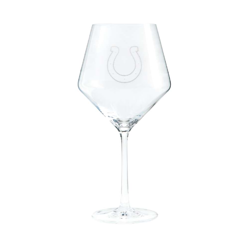Indianapolis Colts Crate & Barrel NFL Tour 24oz Red Wine Glass, Set of 4 featuring the Colts horseshoe logo etched on a clear stemmed wine glass