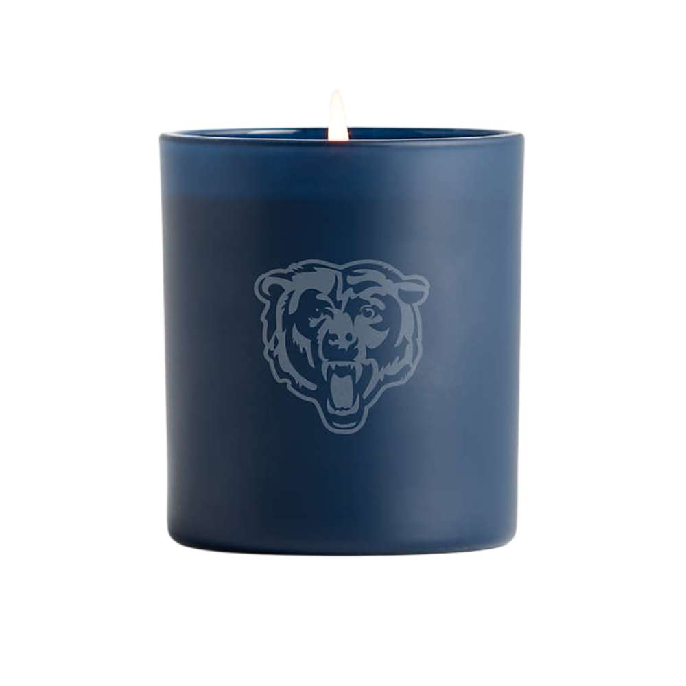 Indigo single-wick Crate & Barrel Monochrome Scented Candle featuring a Chicago Bears logo on the front