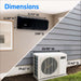 Indoor and outdoor unit dimensions are displayed for ACiQ 9000 BTU Essentials 21 SEER2 Single Zone Wall Mount Mini Split Heat Pump System