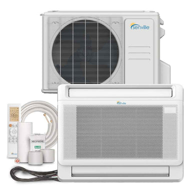 Indoor and outdoor units along with installation accessories of the Senville 12000 BTU Floor Mounted Mini Split Air Conditioner - Heat Pump - SENA12HFIF