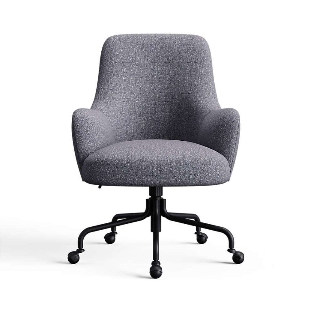 Heather Serene Textured Weave Crate & Barrel Bellevue Upholstered Office Chair in heather gray textured fabric with a cushioned seat and caster base