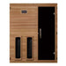 Inside view of the front wall of Golden Designs Maxxus S-Line 3 Person Full Spectrum Infrared Sauna in Pacific Cedar showing the dark glass door, control panel and two lower heaters