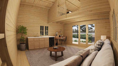 Inside Sawmill Structures The Northwood Grand DD 70mm Garden Room, a cozy living area features a sofa, kitchenette, work desk, and double doors that open to nature