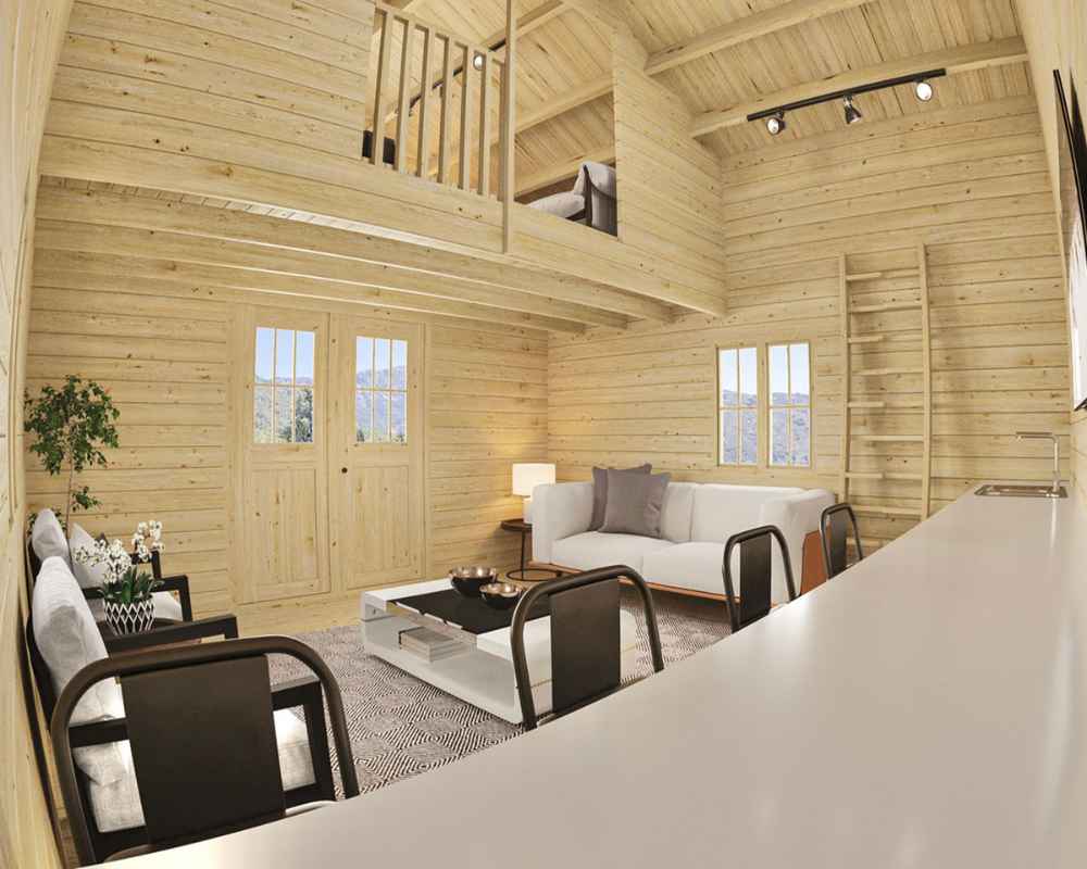 Inside Sawmill Structures The Northwood Grand SD 70mm Garden Room, a double-height living space features wood-paneled walls, modern seating, and a lofted area above