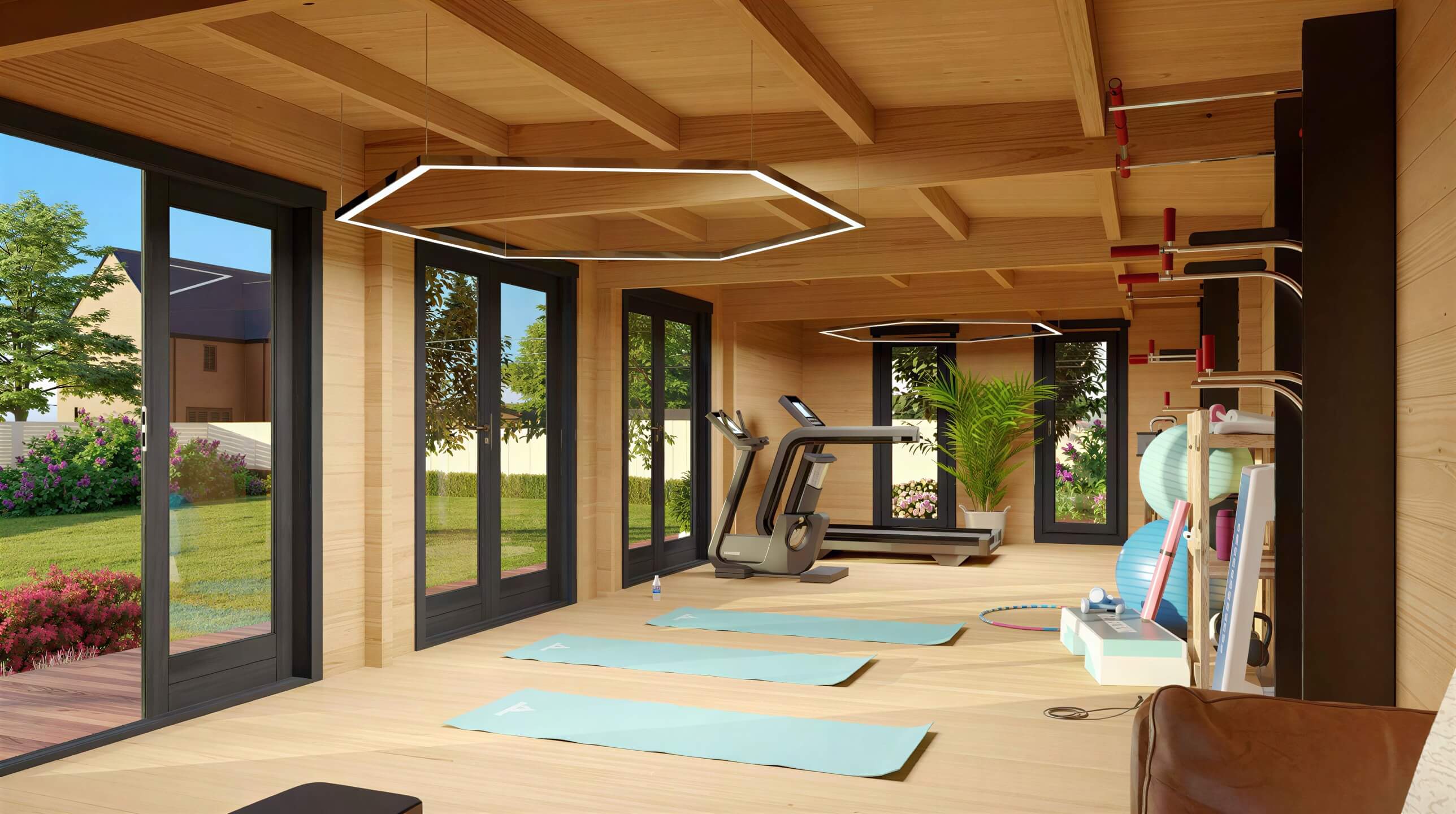 Inside the GardenHouse24 USA Game Room 70 Garden Room, a spacious workout area is equipped with treadmills, yoga mats, gym gear, and large windows offering a scenic garden view