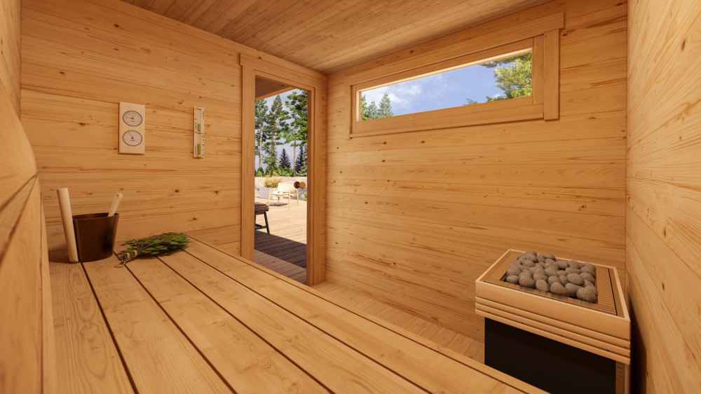 Inside the GardenHouse24 USA Urho 70 A Garden Room, a cozy sauna setup with wooden benches, a heater, and a wide horizontal window offers a warm, relaxing space