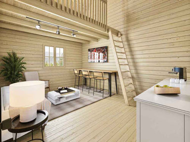 Inside the Sawmill Structures BlueWater Loft 160 38mm Garden Room, there's a compact, modern living space with a loft, ladder, high ceilings, and cozy seating