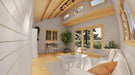 Inside the Sawmill Structures The Versa 160 Atrium 70MM Garden Room, a cozy, sunlit living space features a white couch, desk, and tall windows framed by wooden beams
