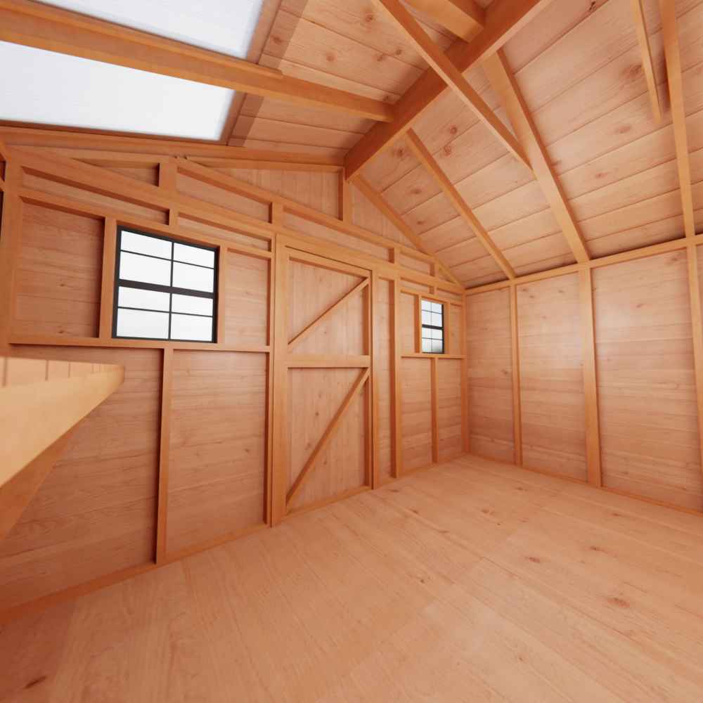 Inside the Outdoor Living Today 12×12 Sunshed Garden Shed, smooth wooden walls and a vaulted ceiling create a clean, open workspace with two windows