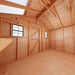 Inside the Outdoor Living Today 12×12 Sunshed Garden Shed, smooth wooden walls and a vaulted ceiling create a clean, open workspace with two windows