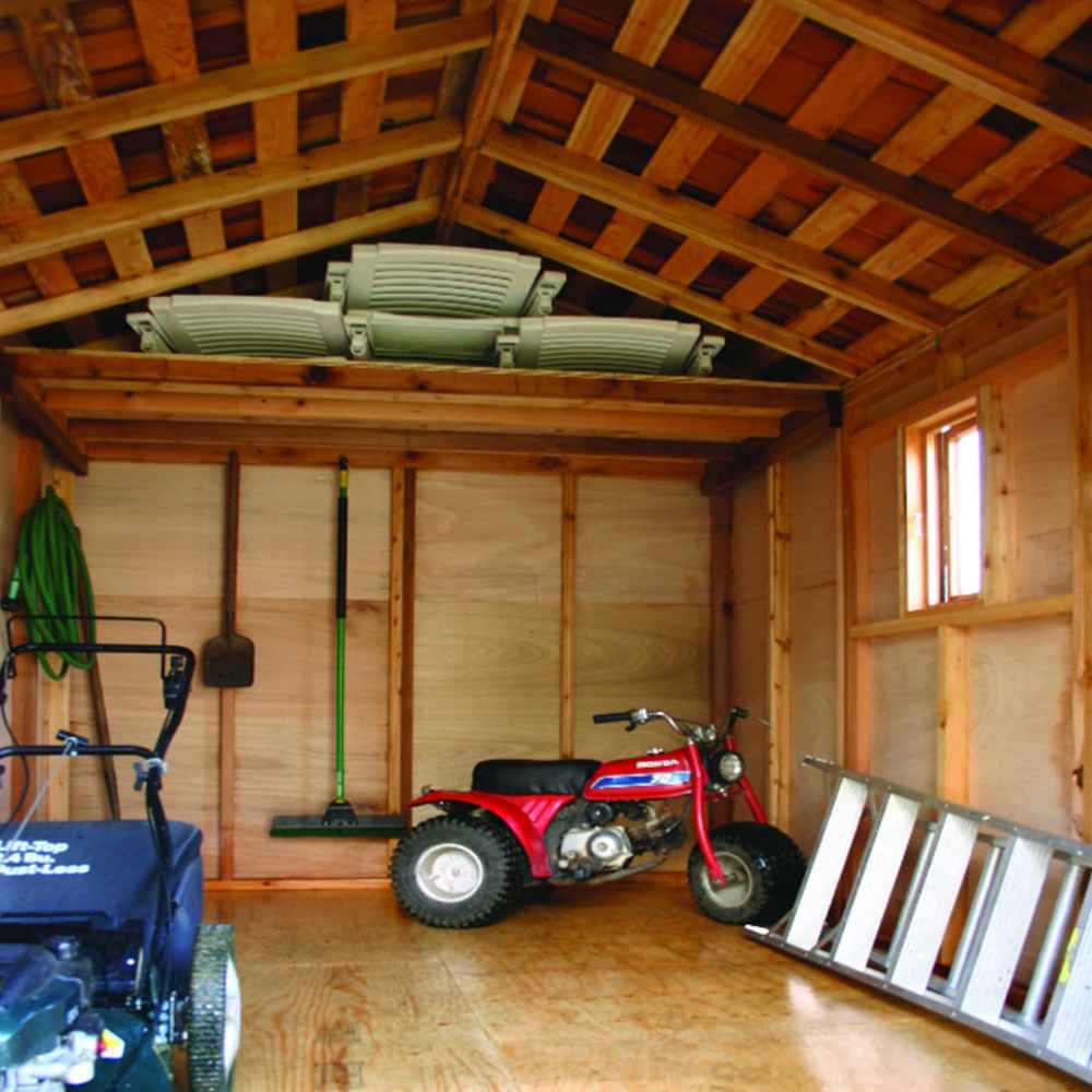 Inside the Outdoor Living Today 8×12 Space Master Storage Shed, various tools and equipment are neatly stored with chairs stacked in the rafters