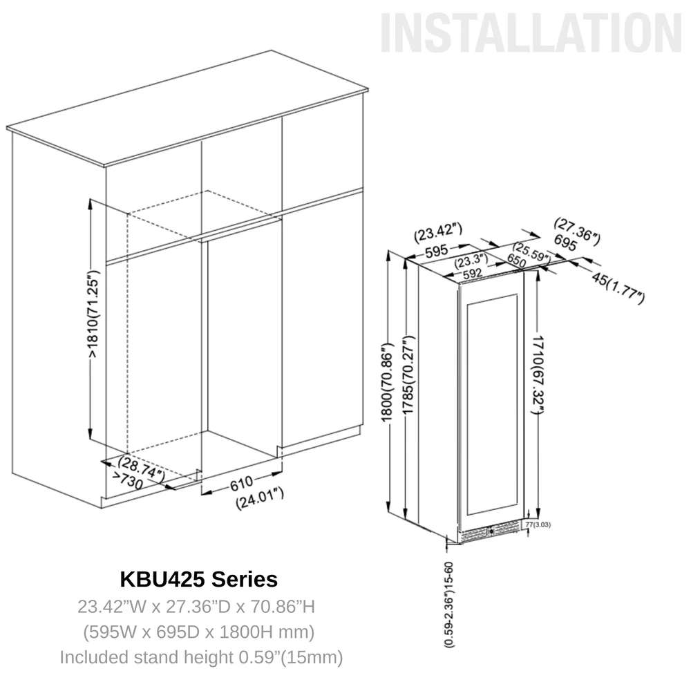 Installation cutout diagram for KingsBottle Ultimate Wine & Beverage Upright Refrigerator Combo with Low-E Glass Door