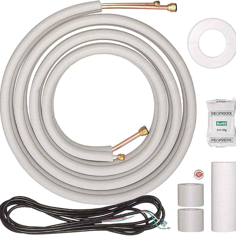 Installation kit of Senville 36000 BTU Dual Zone Mini Split Air Conditioner - SENA36HFDIC, including insulated copper tubing, wiring, and accessories