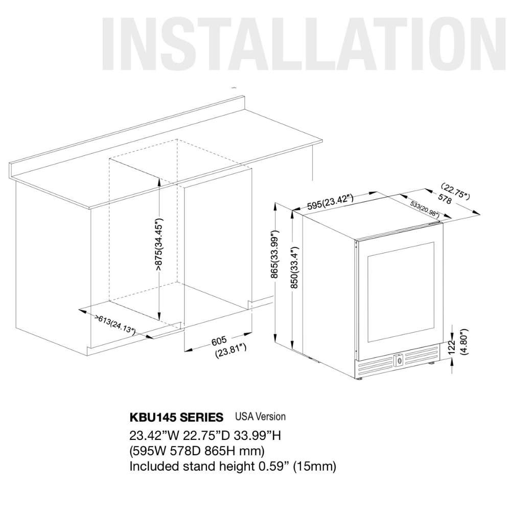 KingsBottle 24 Inch Under Counter LOW-E Glass Door Single Zone Wine Cooler-Freedom Room