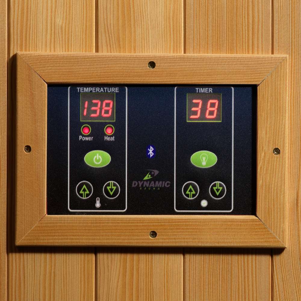 Interior LED control panel with red temperature and timer readouts set in a cedar frame inside Golden Designs Dynamic Gracia Elite 1-2 Person Ultra Low EMF Far Infrared Sauna