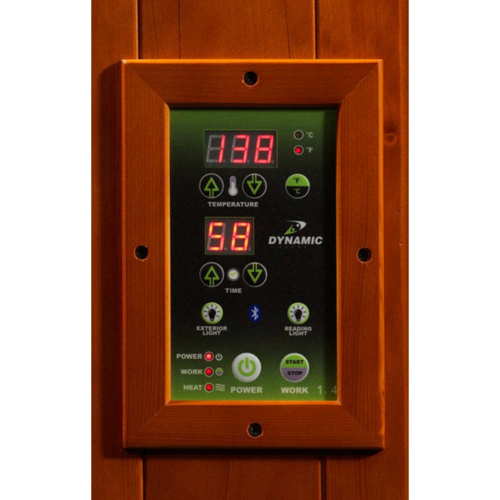 Interior LED control panel with red temperature and timer readouts set in a cedar frame inside Golden Designs Dynamic Heming 2 Person Low EMF Far Infrared Corner Sauna