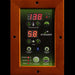 Interior LED control panel with red temperature and timer readouts set in a cedar frame inside Golden Designs Dynamic San Marino Elite 2 Person Ultra Low EMF Far Infrared Sauna