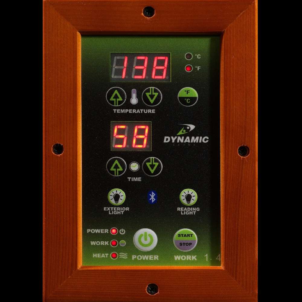 Interior LED control panel with red temperature and timer readouts set in a cedar frame inside Golden Designs Dynamic Venice Elite 2 Person Ultra Low EMF Far Infrared Sauna