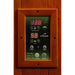 Interior LED control panel with red temperature and timer readouts set in a cedar frame inside Golden Designs Dynamic Versailles Elite 2 Person Ultra Low EMF Far Infrared Sauna