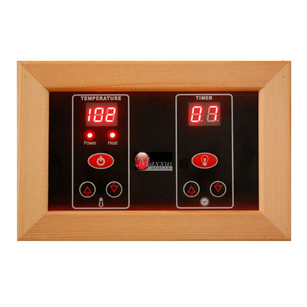 Interior LED control panel with red temperature and timer readouts set in a cedar frame inside Golden Designs Maxxus Bellevue 3 Person Low EMF Far Infrared Sauna