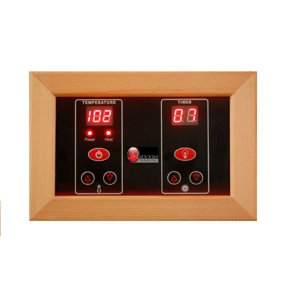 Interior LED control panel with red temperature and timer readouts set in a cedar frame inside Golden Designs Maxxus Seattle 2 Person Low EMF Far Infrared Sauna