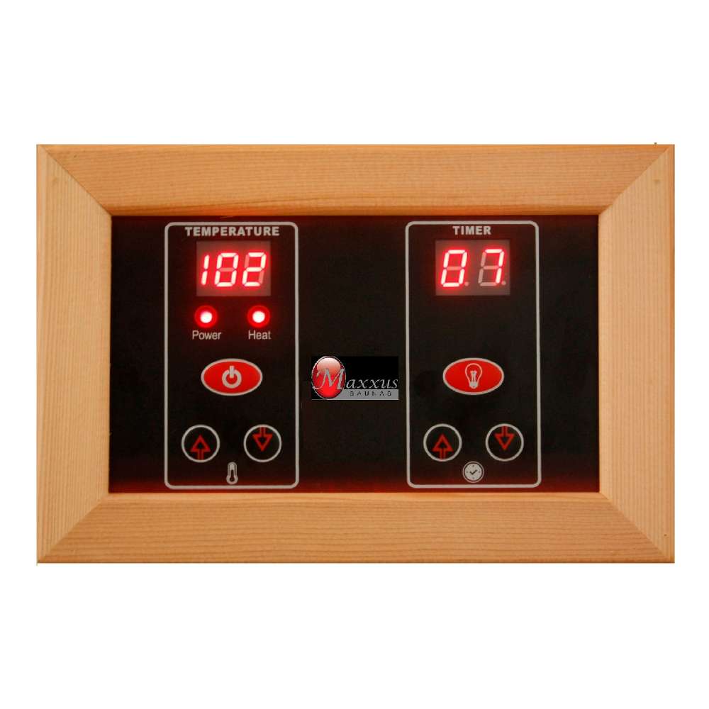 Interior LED control panel with red temperature and timer readouts set in a cedar frame inside Golden Designs Maxxus Toulose 2 Person Low EMF Far Infrared Sauna