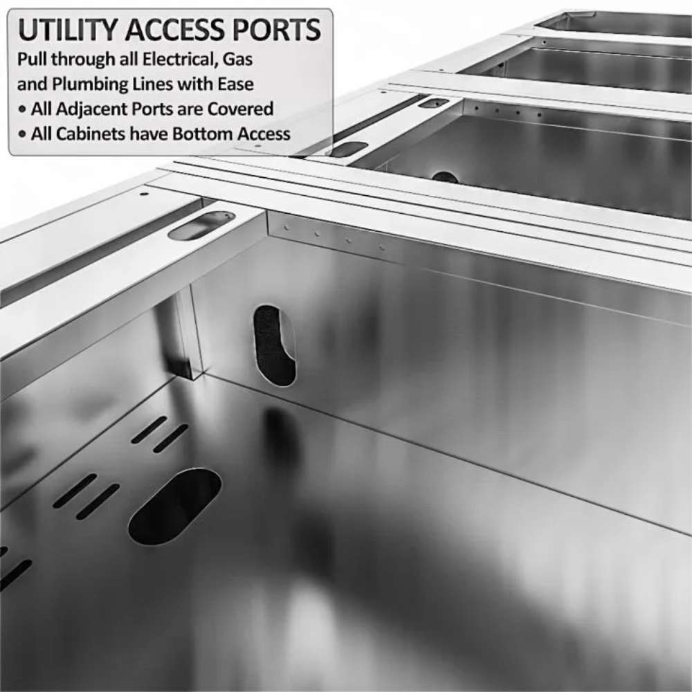 Interior cabinet view of Sunstone Magnolia 10ft Outdoor Kitchen Island Package showing utility access ports for gas, water, and electrical lines