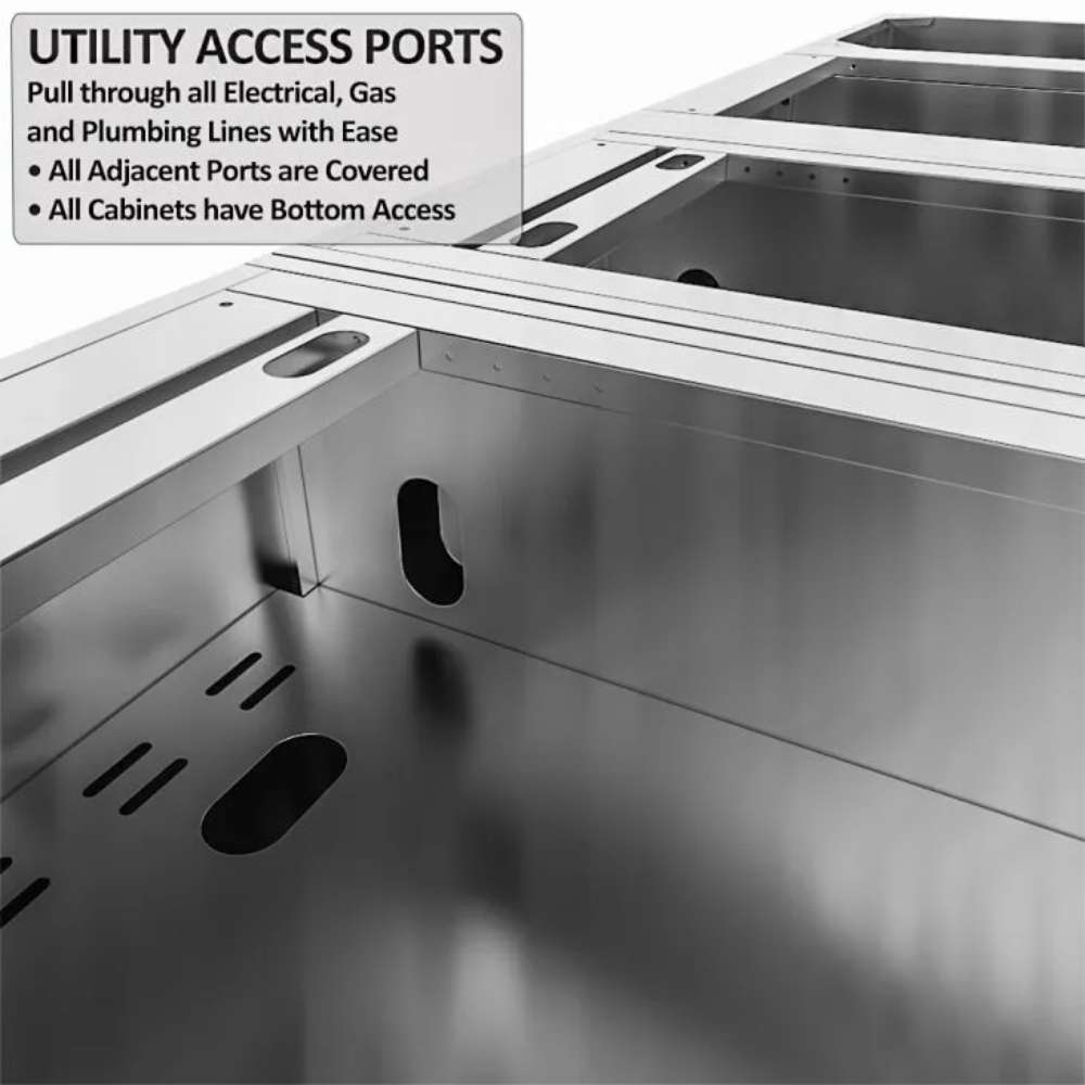 Interior cabinet view with utility access ports for gas, water, and electrical in the Sunstone Texas Tango 19ft Outdoor Kitchen Island Package