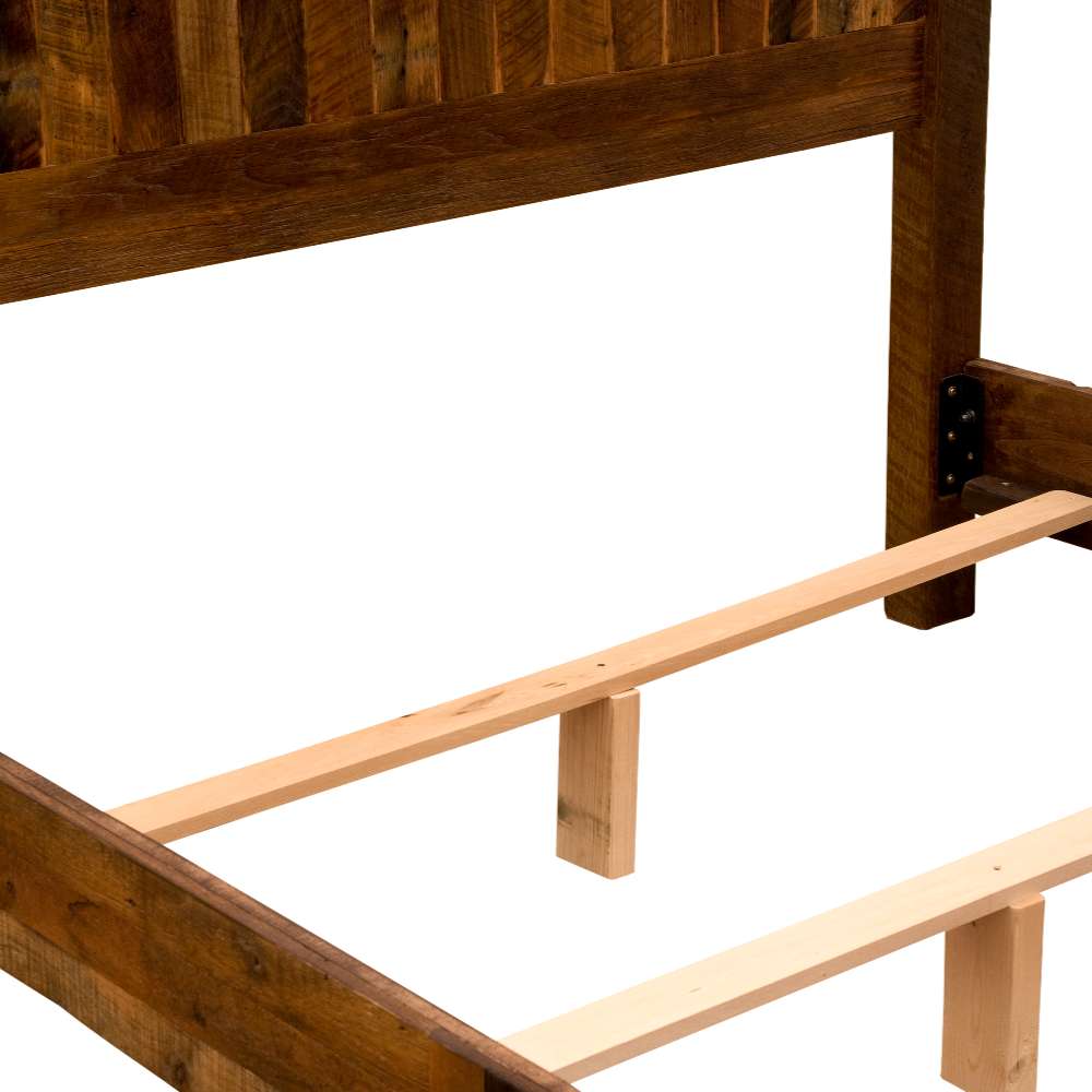 Interior view of Fireside Lodge Barnwood Traditional Bed displaying sturdy wooden side rails and mattress support slats