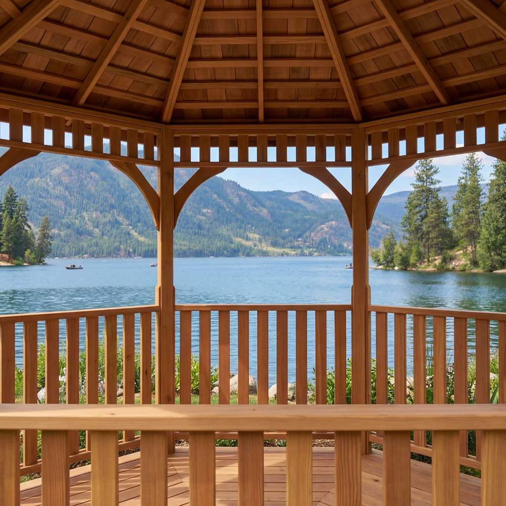 Interior view of Outdoor Living Today Western Red Cedar Octagon Bayside Gazebo overlooking a peaceful lake and mountain scenery