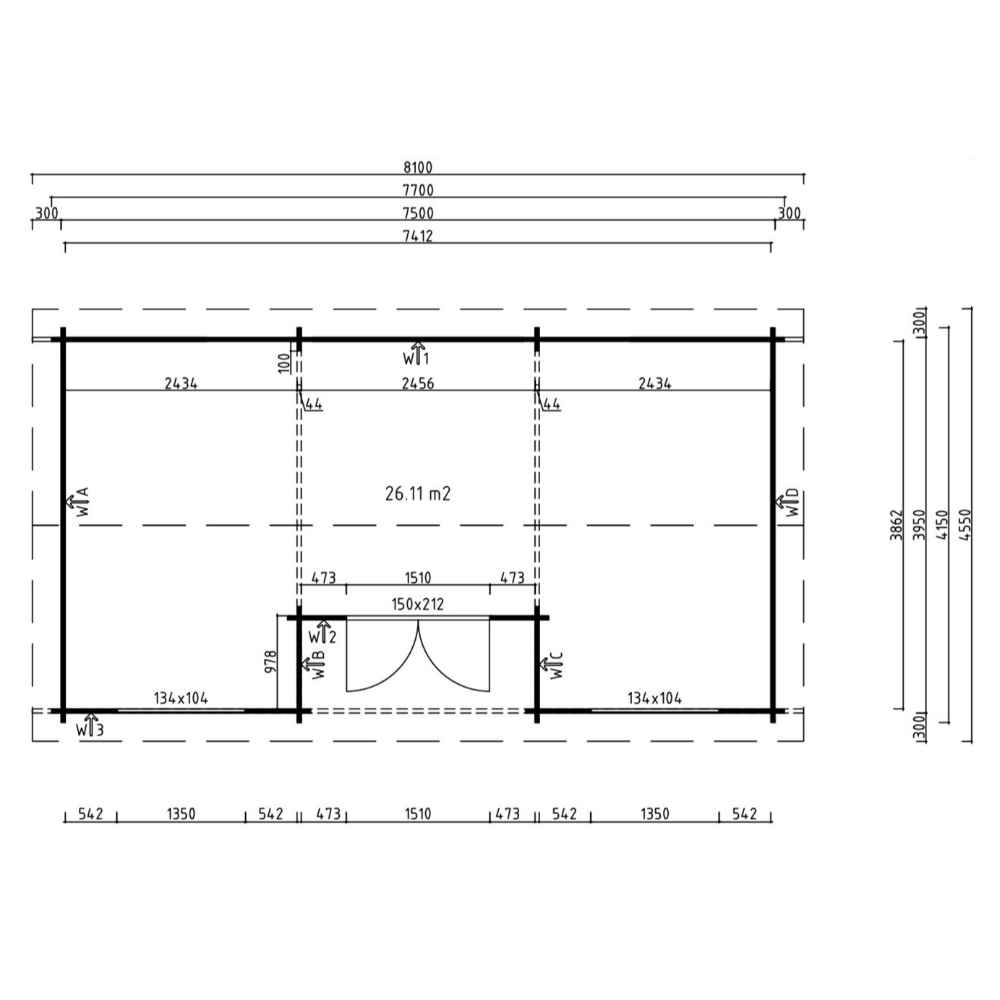 Interior floor plan of the GardenHouse24 USA Wallis 44 Garden Room, dividing the 26.11 m² space into three main sections